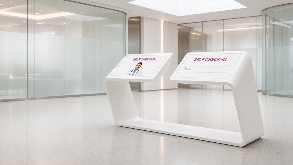 Weiße Self-Check-in-Theke mit zwei Terminals im Glas-Foyer
