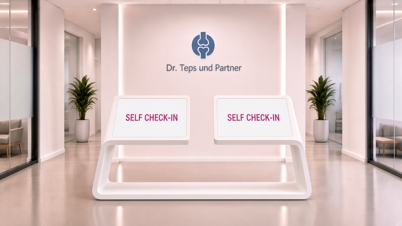 Frontale weiße Self-Check-in-Theke vor einer beleuchteten Praxis-Logo-Wand